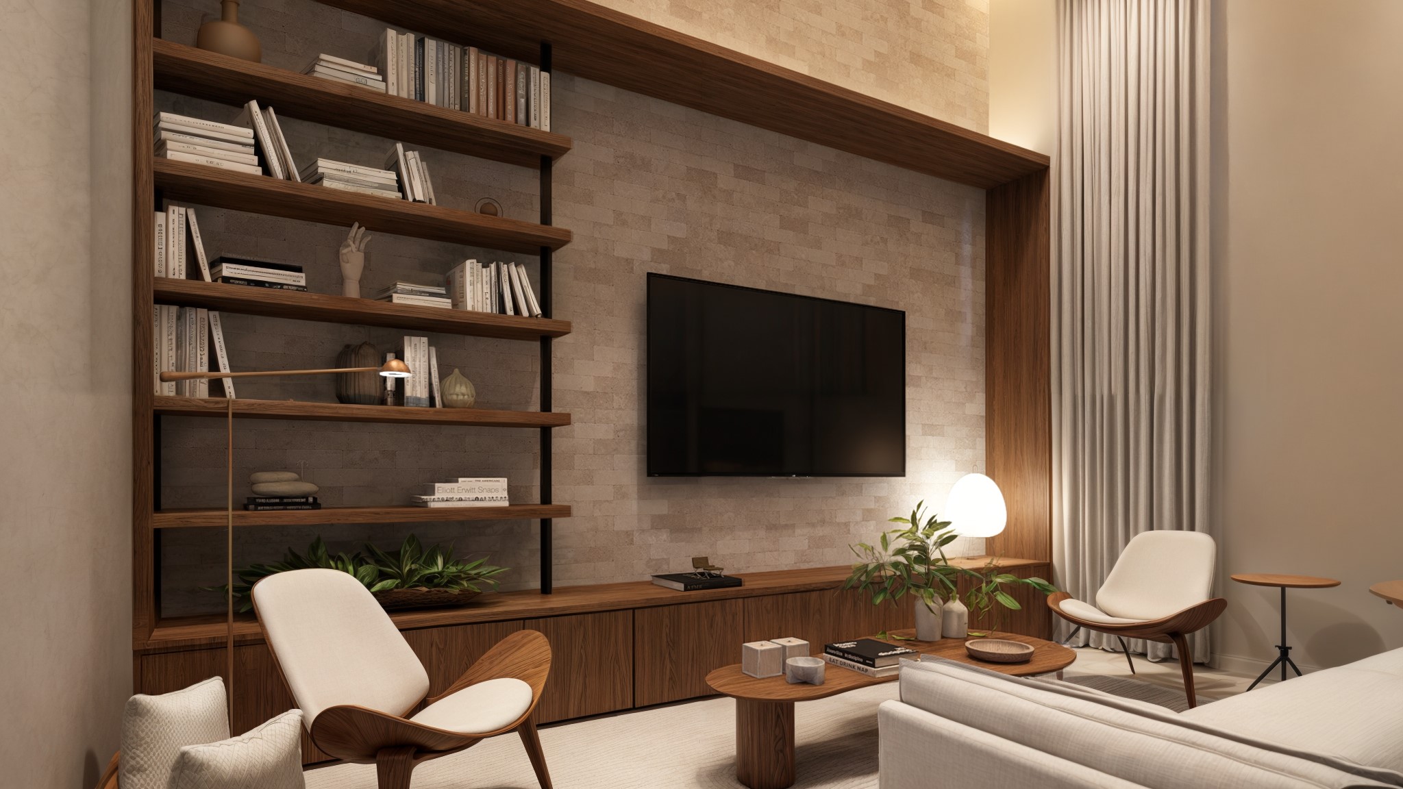 Projeto residencial Araçatuba — sala com estante de madeira e paleta neutra